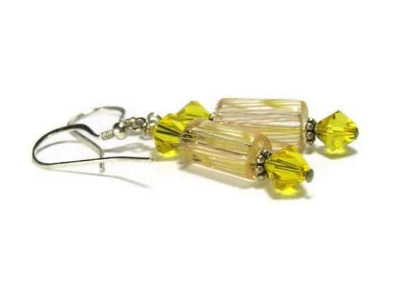 Dangle Earrings, Yellow, Citrine, Furnace Glass with Swarovski Elements, Sterling Silver