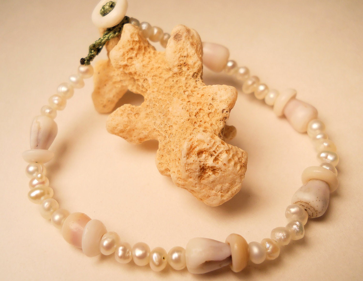 Freshwater Pearl Bracelet Hawaiian Wedding Jewelry Cone and Puka Shell Bracelet- Hawaiian Jewelry