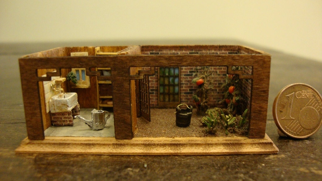 miniature 1/144 scale Garden with garden tool shed.