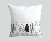 Thick White cotton Throw pillow case with Black graphic Fish, Designer fabric, fits 18"x18" insert, Toss pillow case, Cushion case.