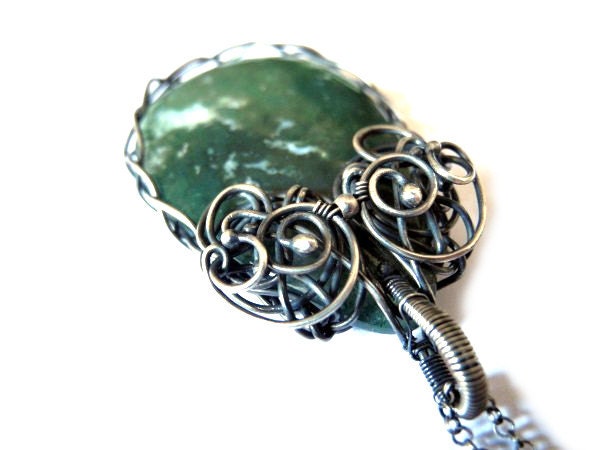 Moss Agate Necklace - Silver Wire Wrapped Pendant - Moss Forest Green - Teardrop Braided Necklace - Pagan Celtic Woodland - Natural Gemstone