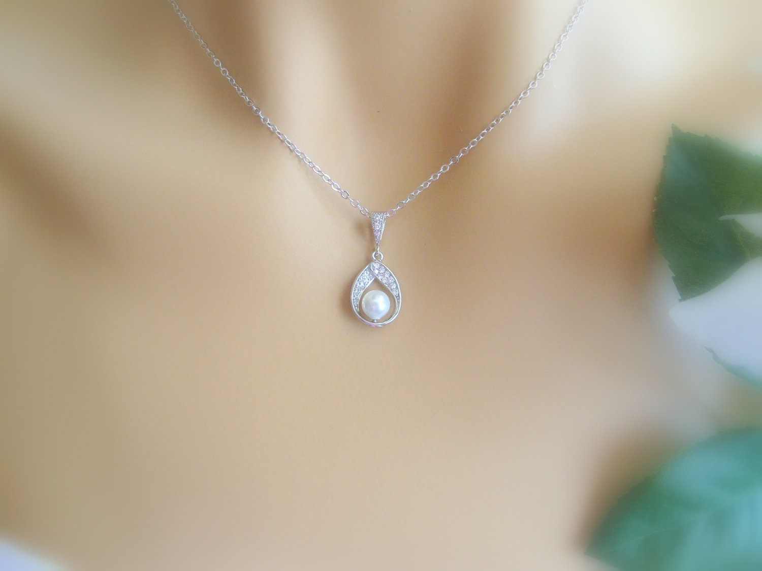 925 sterling silver post earrings and 925 sterling silver chain necklace with sea pearls and white gold cz drops bridal jewelry set