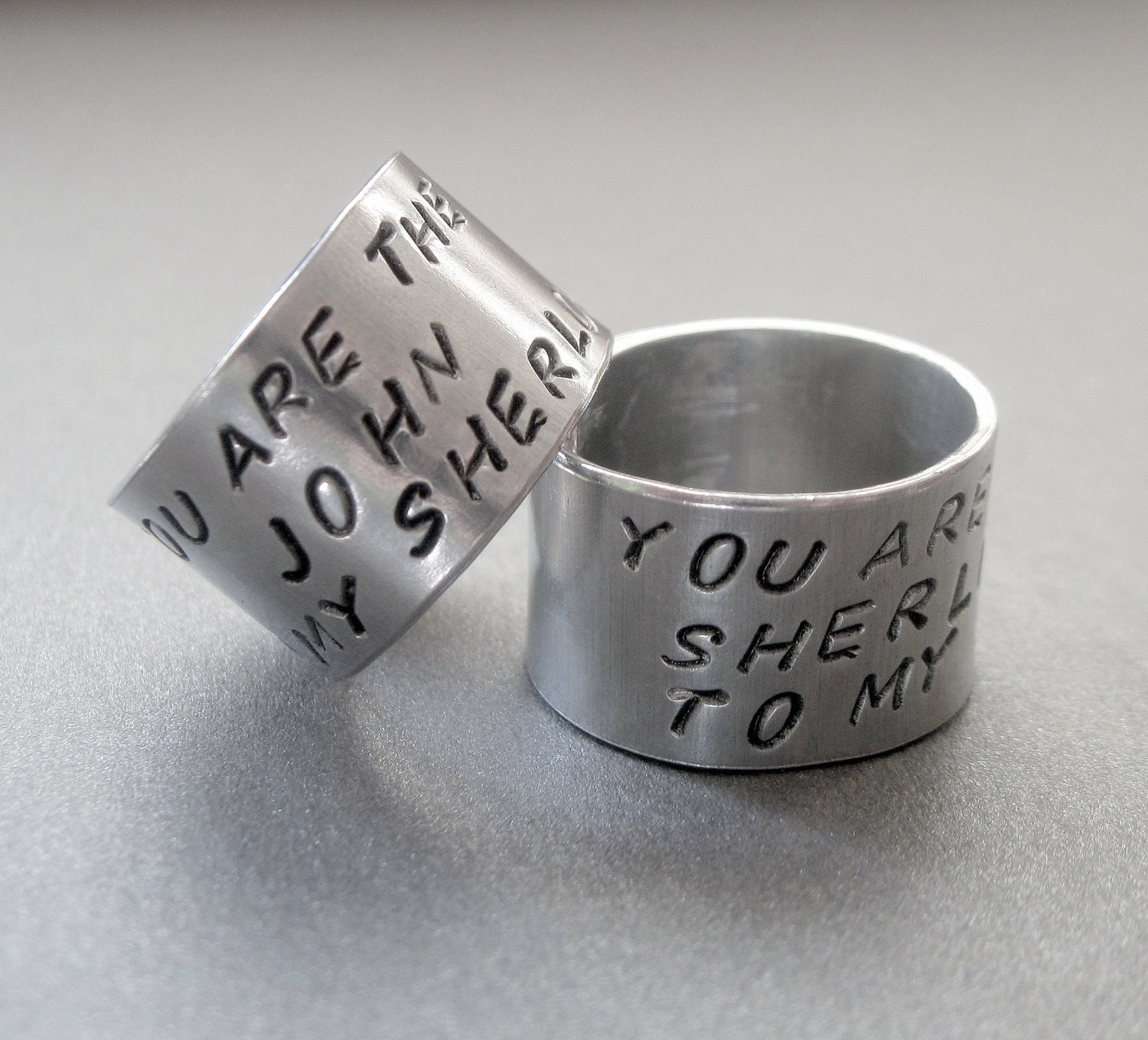 Sherlock Inspired Friendship Rings SET OF TWO - Hand Stamped Aluminum - names are customizable