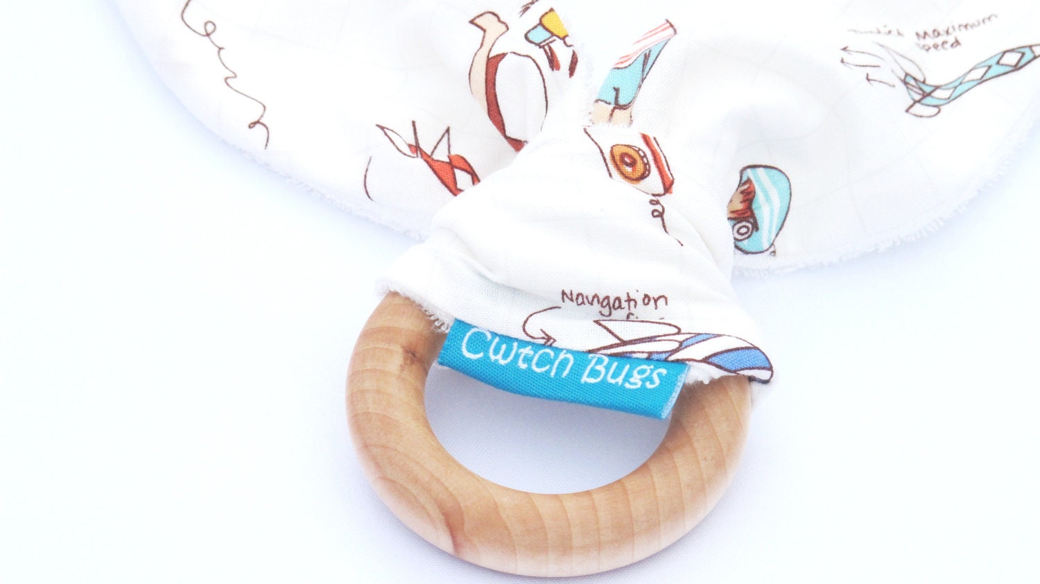 READY TO SHIP Natural Wooden Teething Ring Soother in 'Rocket Launch Club' fabric and Unbleached Bamboo Terry - Cwtch Bugs