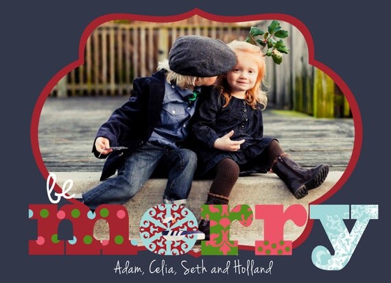 Custom PHOTO Holiday Card: BE MERRY- Navy, Custom printable Il_570xn