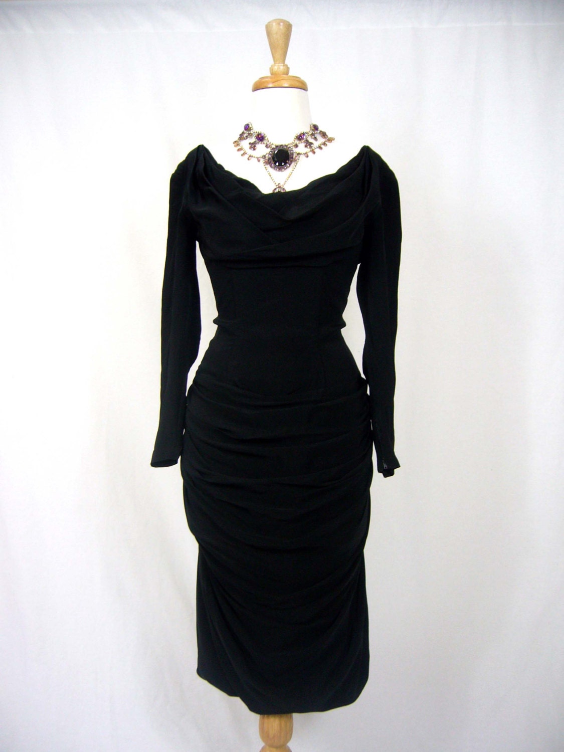 DRAMATIC Whistle Bait Marilyn Monroe Bombshell 1950s Draped Gathered Cocktail LBD - 50s Hollywood Designer Glamorous Fishtail Wiggle Dress