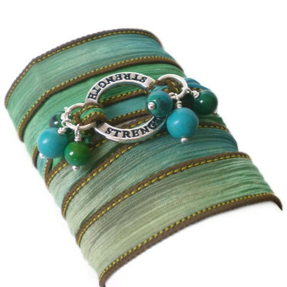 silk ribbon wrap bracelet, yoga inspired, turquoise beads, chrysocolla beads,silver affirmation ring, boho wrist wrap