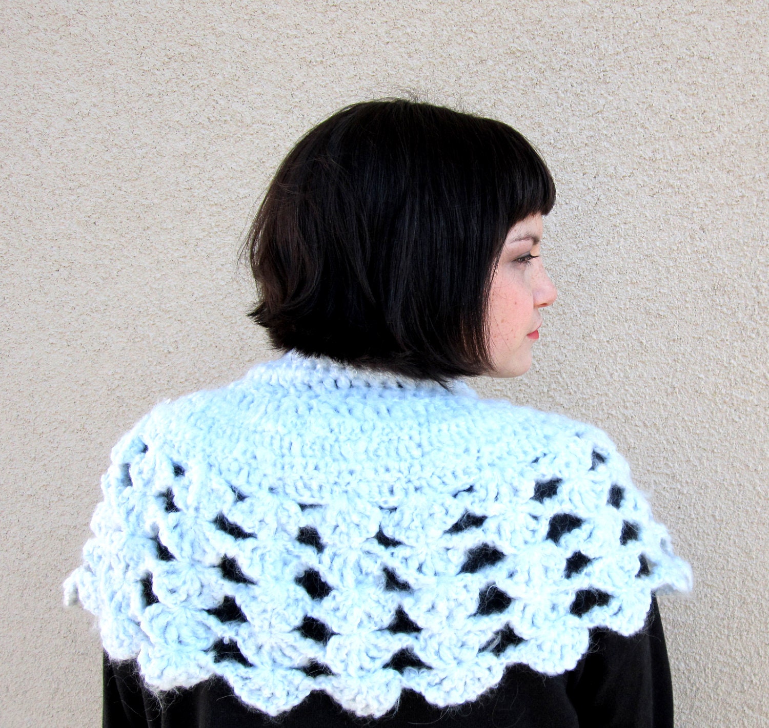 crochet capelet ice queen powder blue winter accessory lace