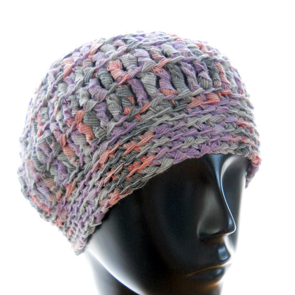 Hand crochet hat, women's crocheted beanie hat, ribbon yarn beret, multicolor beret, hat in stripes of red, grey and plum with white
