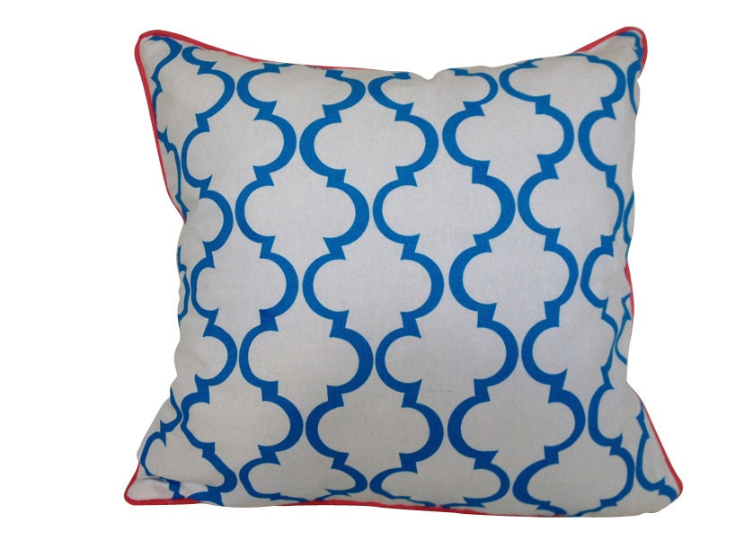 Cushion cover Geometric design. Bright blue design on White Linen/Cotton with hot pink piping 45cm x 45cm