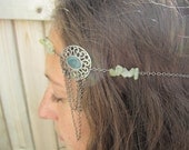 Gunmetal Chain Necklace or Headwrap with Charm and Green Stone Beads