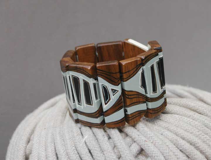 Wooden Bracelet Gray  Hand Painted Walnut Wood Bracelet Wearable Art  Geometric Bracelet Jewelry - NUTAK
