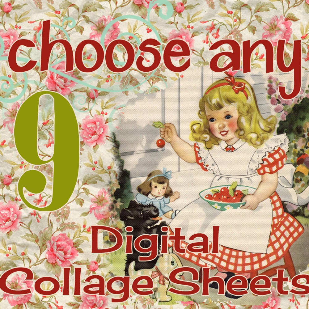 SALE - 9 Digital Collage Sheets - Your Choice of Any in the Shop - Special Offer - Tags, ACEOs, Circles, Inchies, Dominoes