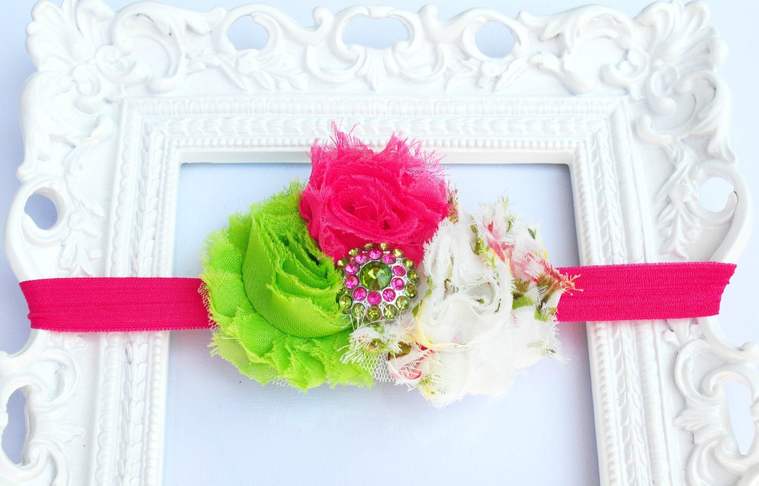 Shabby Chic Flower Baby Headband Pink Lime Green Floral Photo Prop