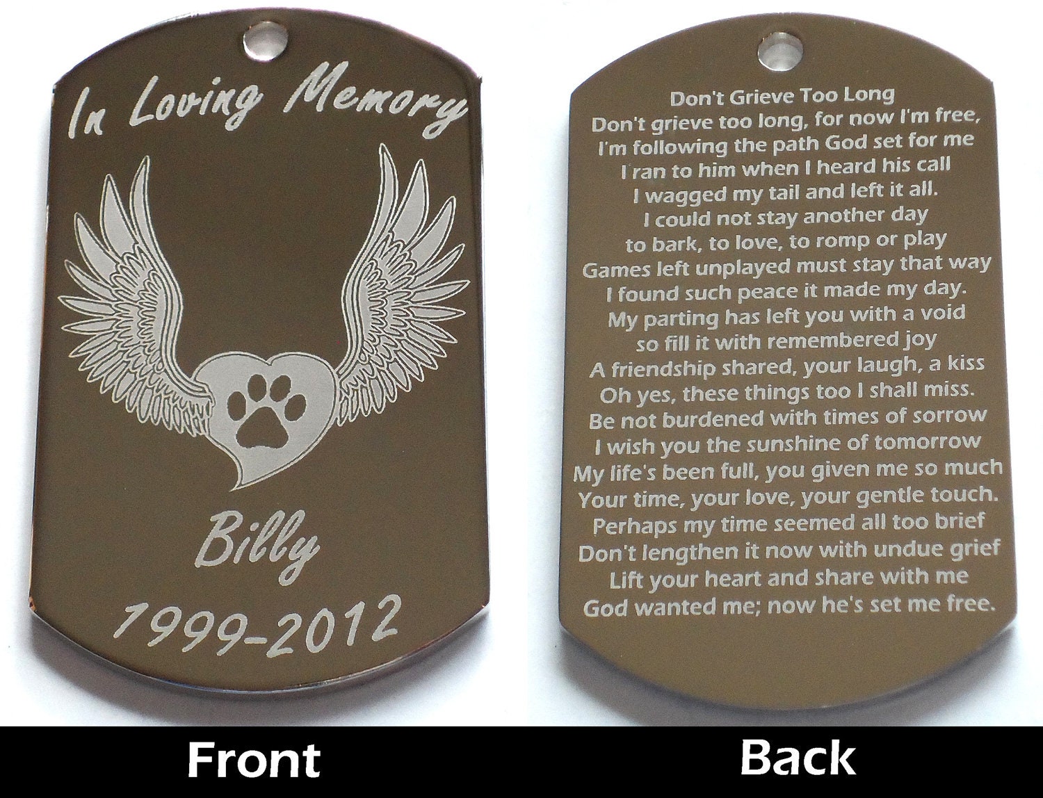 Engraved Pet Memorial with grieving poem Dog Tag Necklace