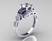 Modern Edwardian 950 Platinum 1.0 Carat CZ Blue Sapphire Diamond Ring R202-PLATDBSCZ