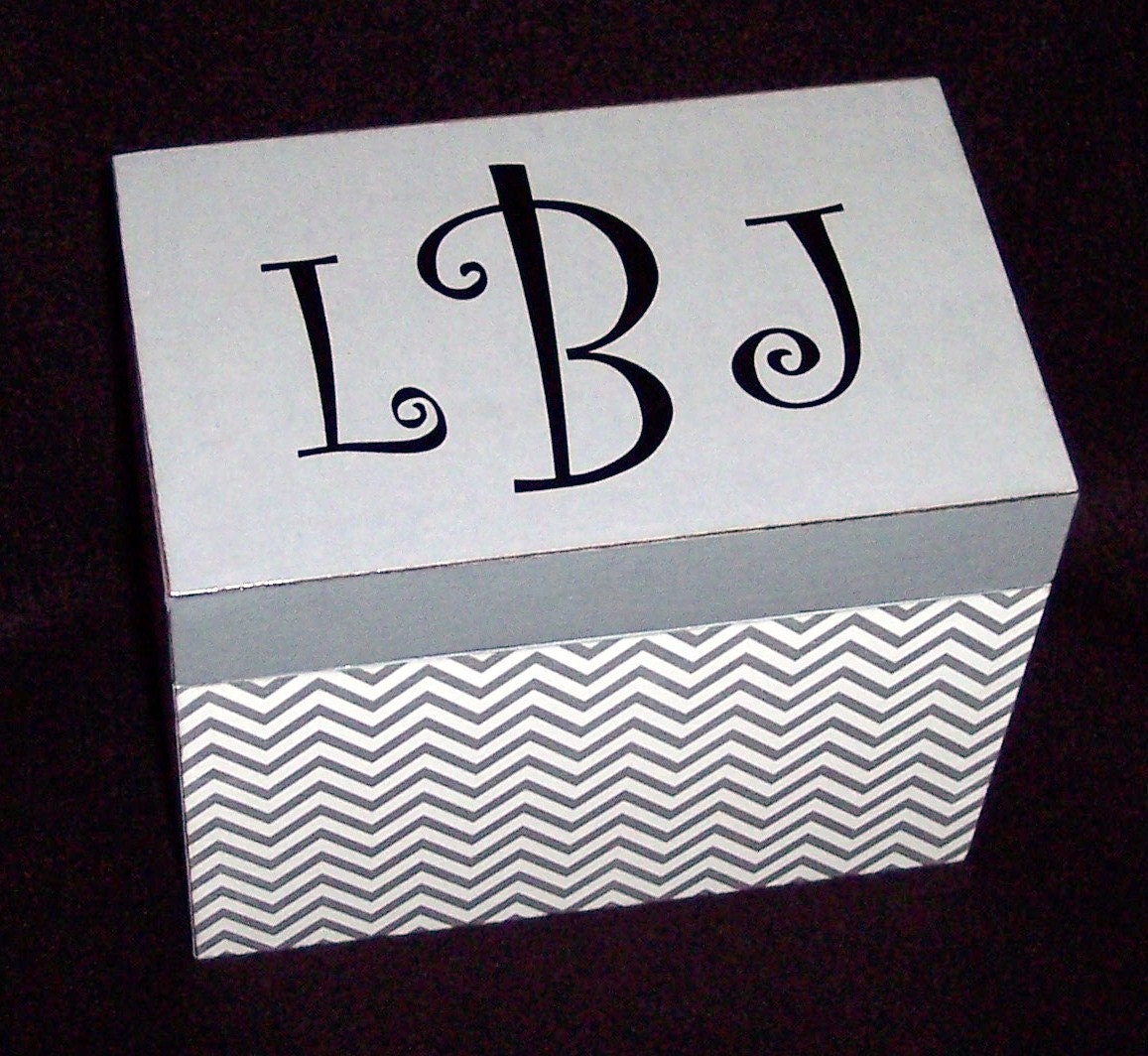 Recipe Box -  Gray Chevron Recipe Box - Monogrammed....for 4x6 recipe cards...MADE TO ORDER