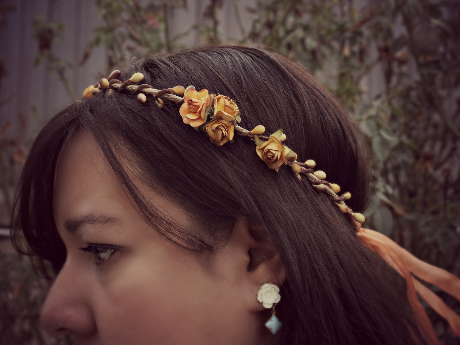 Rustic Roses Flowers hair wreath. Yellow. Tangerine. Paper Flowers. Bohemian. Woodland. Rustic Wedding. Wedding Tiara, Spring Wedding