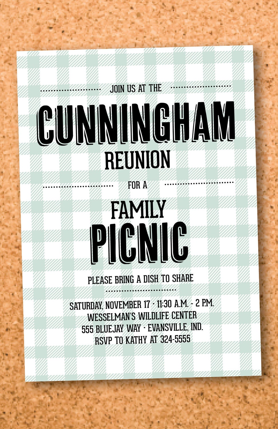 gingham family reunion picnic and bbq invitation--5x7 digital file