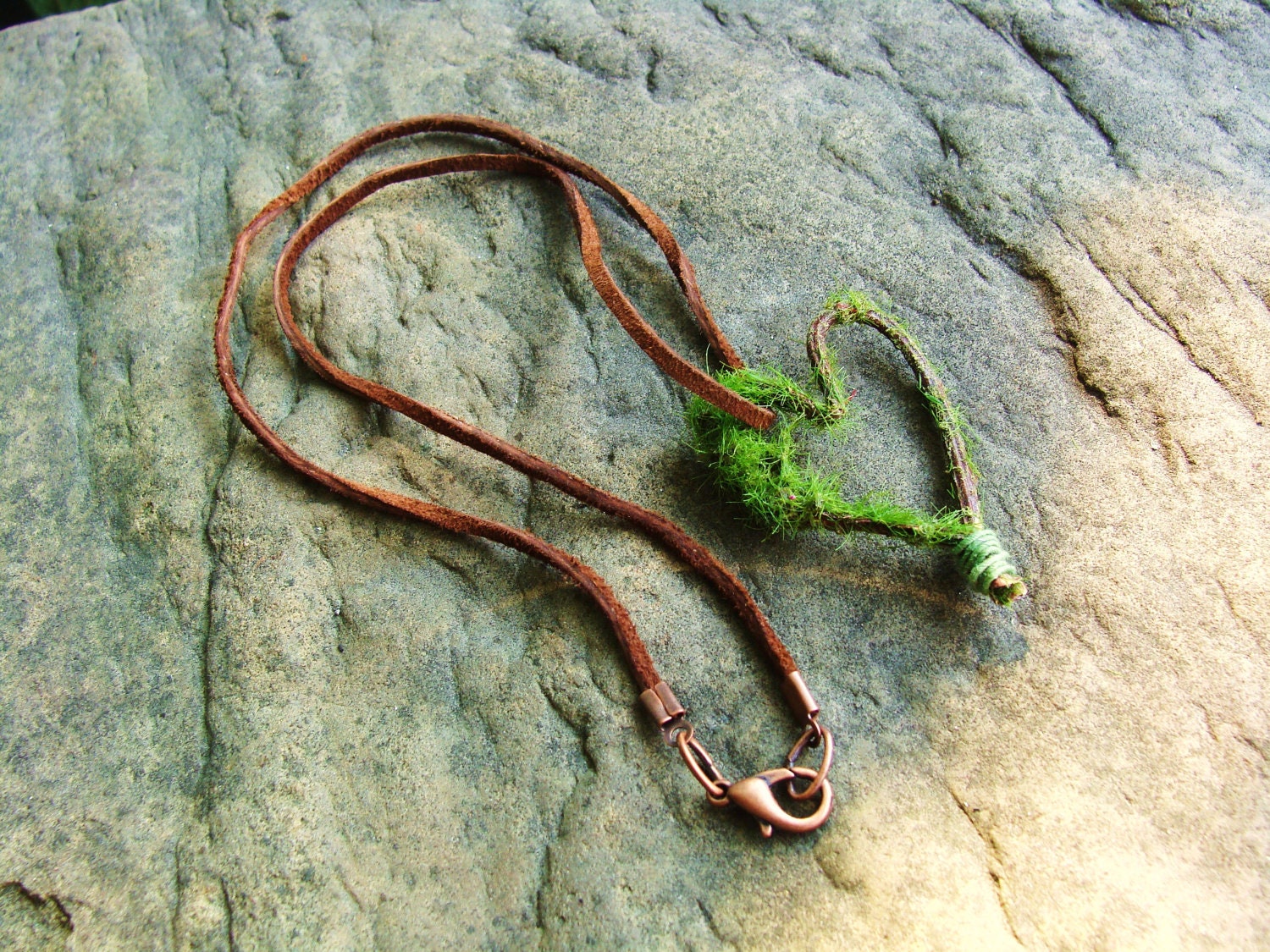 Heart of Moss Necklace. Moss Constructed Heart on Leather Cord