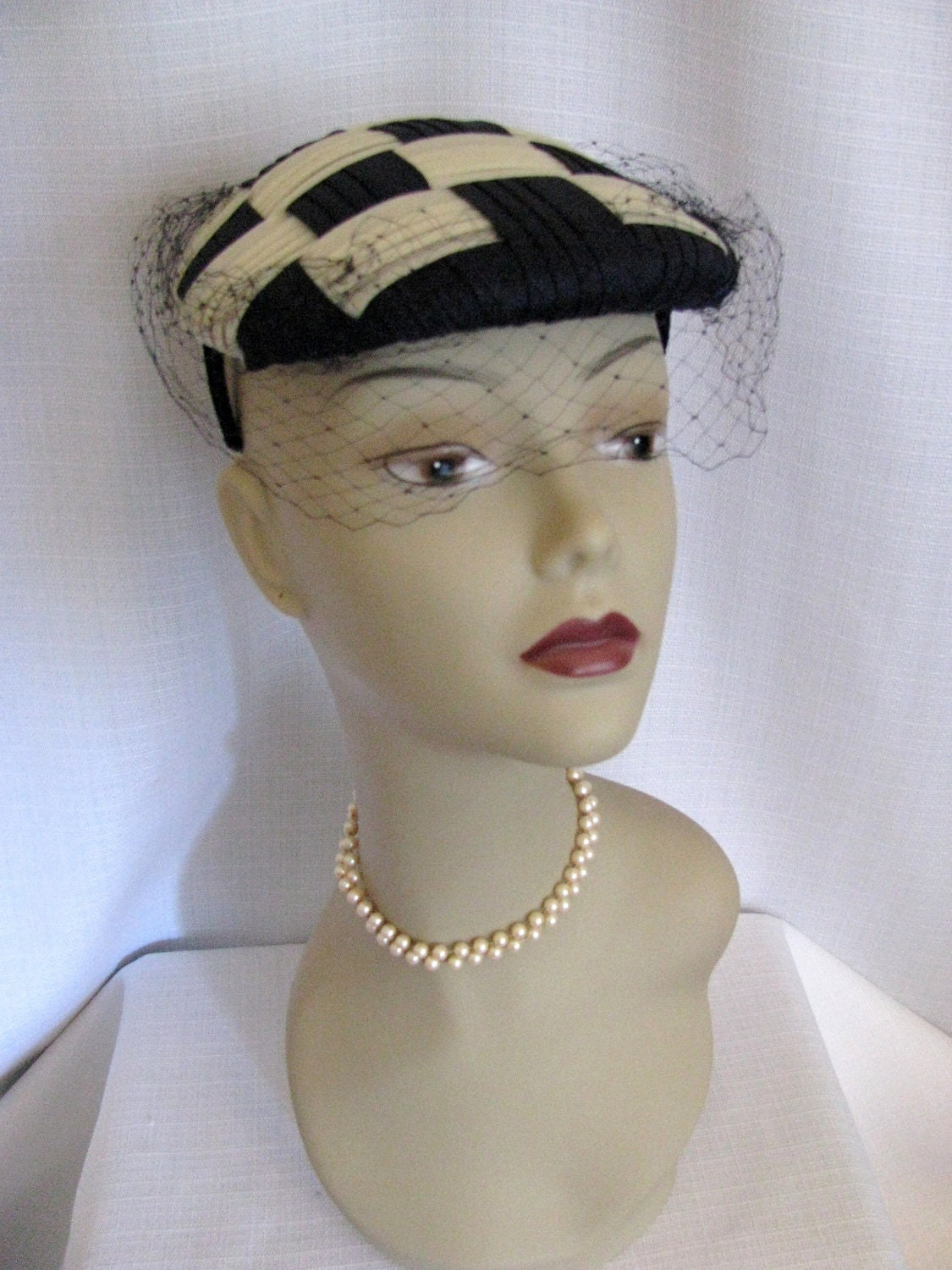 Vintage 1950s - 60s Daytons Hat - Checked Cream and Blue Black - Kentucky Derby Hat