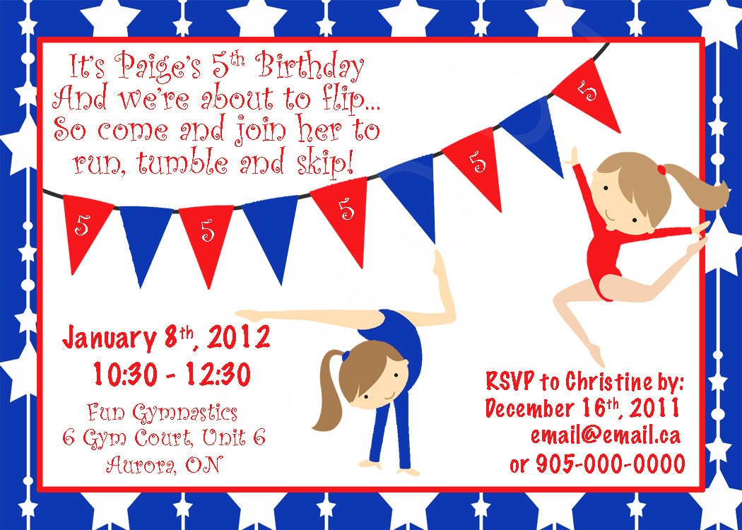 Custom Olympic Gymnastic Birthday Invitation Design You Print 4x6 or 5x7