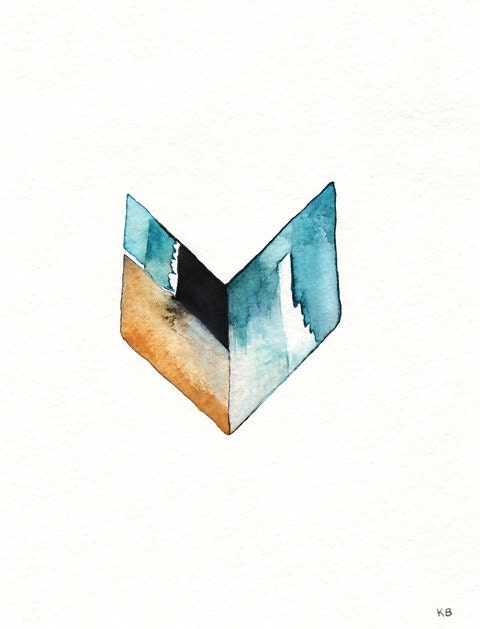 Chevron/Geometric Chevron / Aqua, tan, white, blue/ Watercolor Print