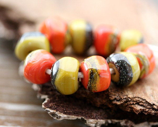 Lampwork Glass Beads Coral and Olive green, handmade organic set - SRA - by MayaHoney