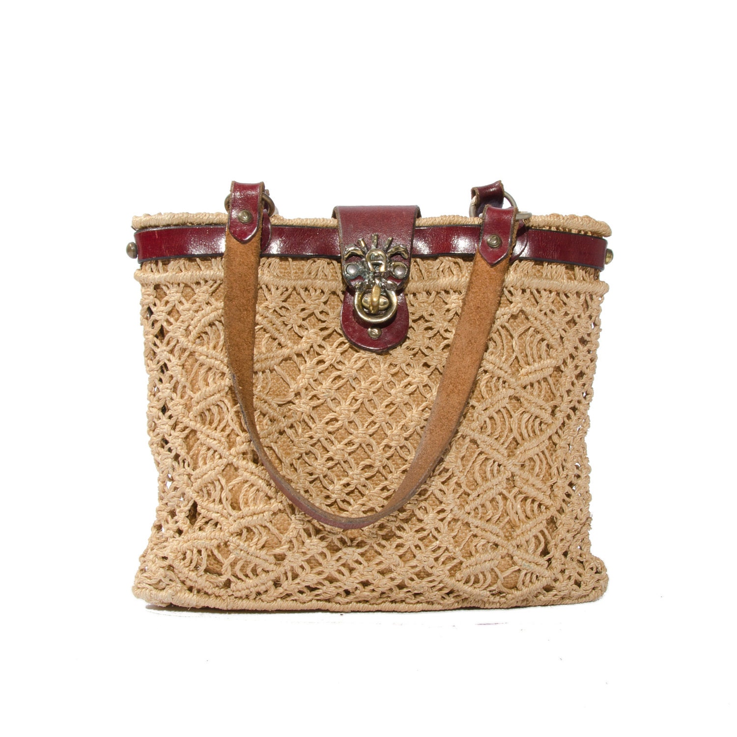 Vintage Etienne Aigner Handbag Macrame Purse Oxblood Leather Small Hemp Bag