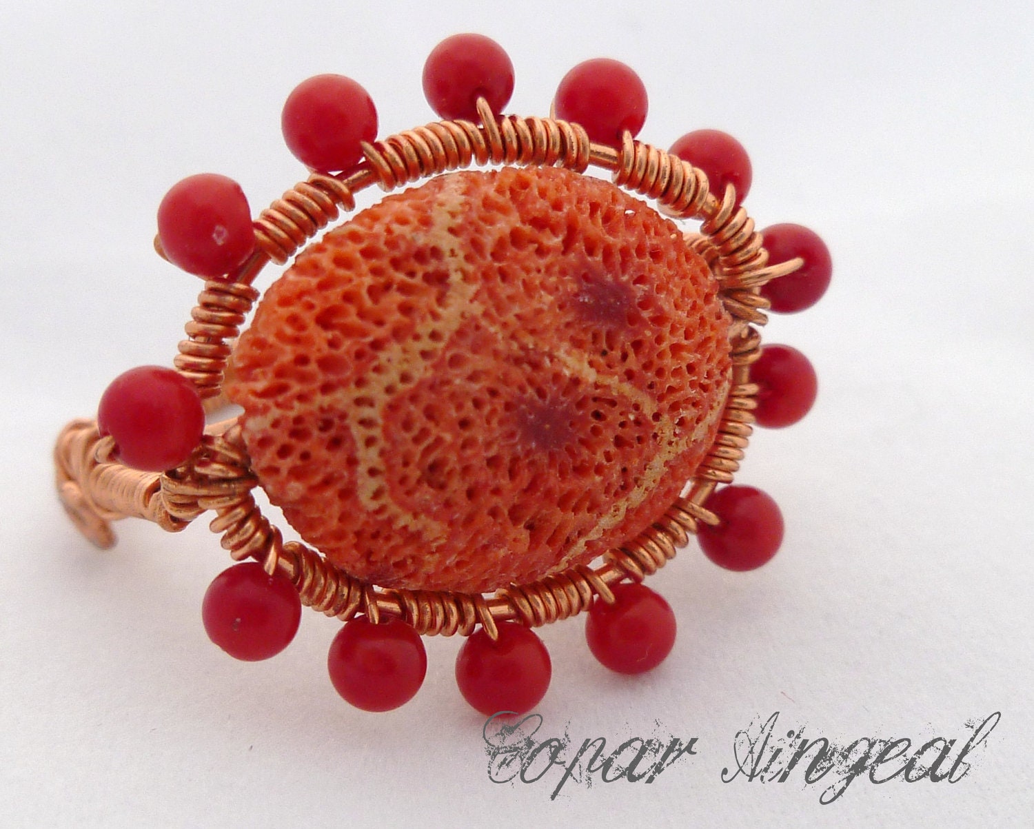 Coral Sunshine Ring, Size 9 - Matt Grassy Coral Oval - CoparAingeal Coral Sunshine Ring, Size 9 - Matt Grassy Coral Oval - CoparAingeal