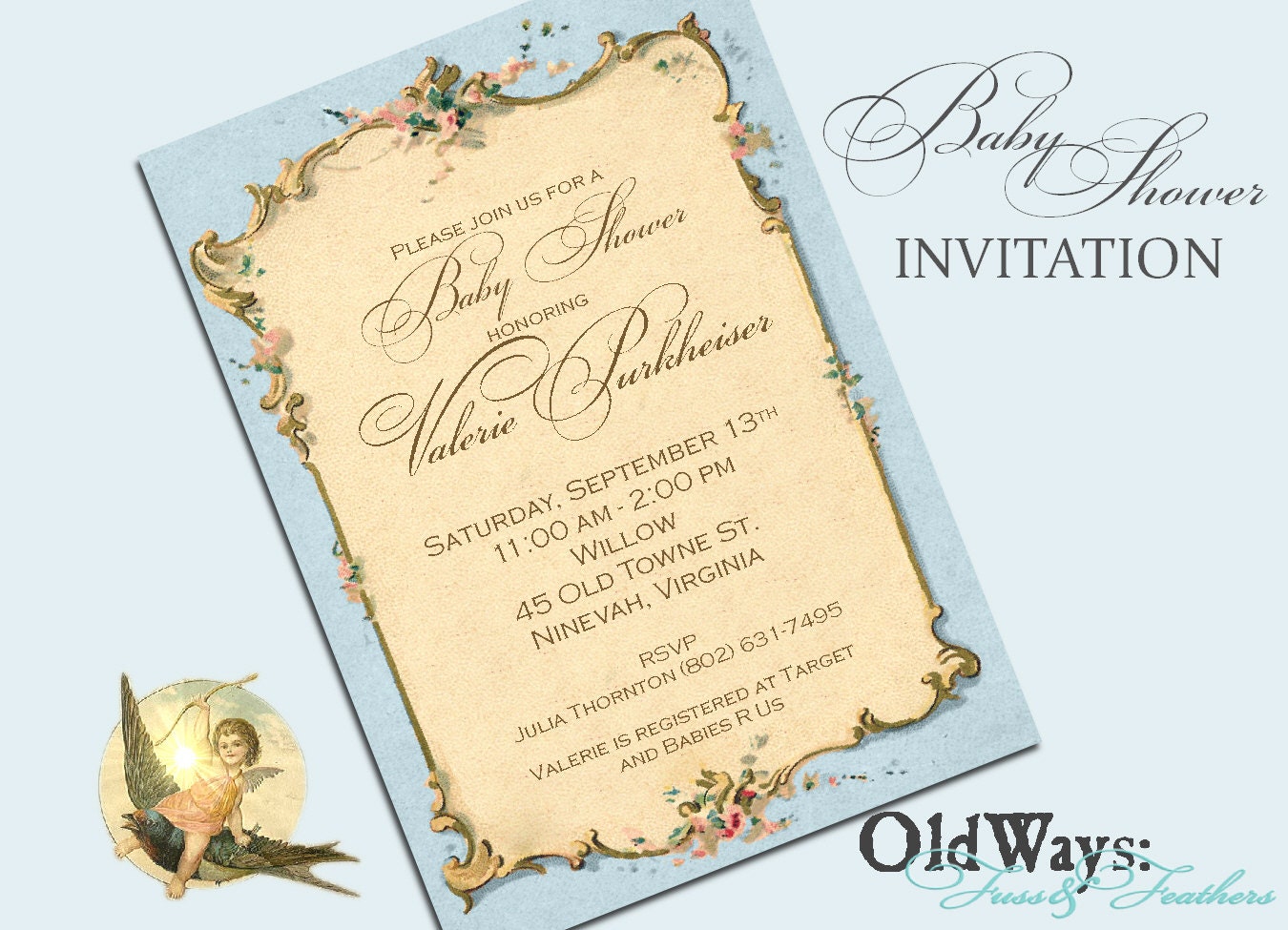 Elegant Baby Shower Invitation or Sip and See Blue for Boy French Vintage - Printable Invite Custom DIY 5x7 Digital JPEG and PDF Files