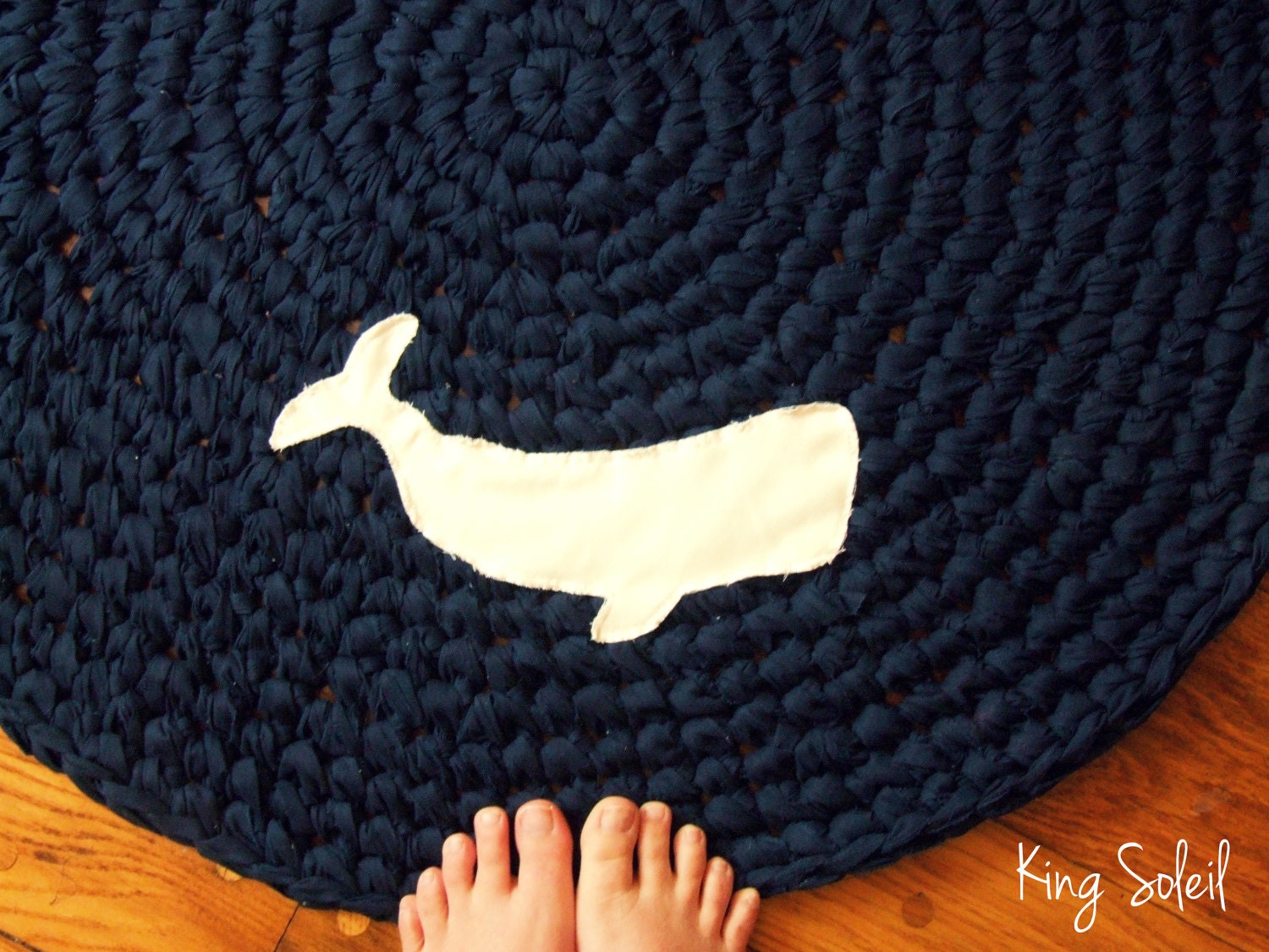 Crochet Whale Rug Nautical Navy Blue with White Applique Whale Silhouette Custom Design Cotton Round Rug