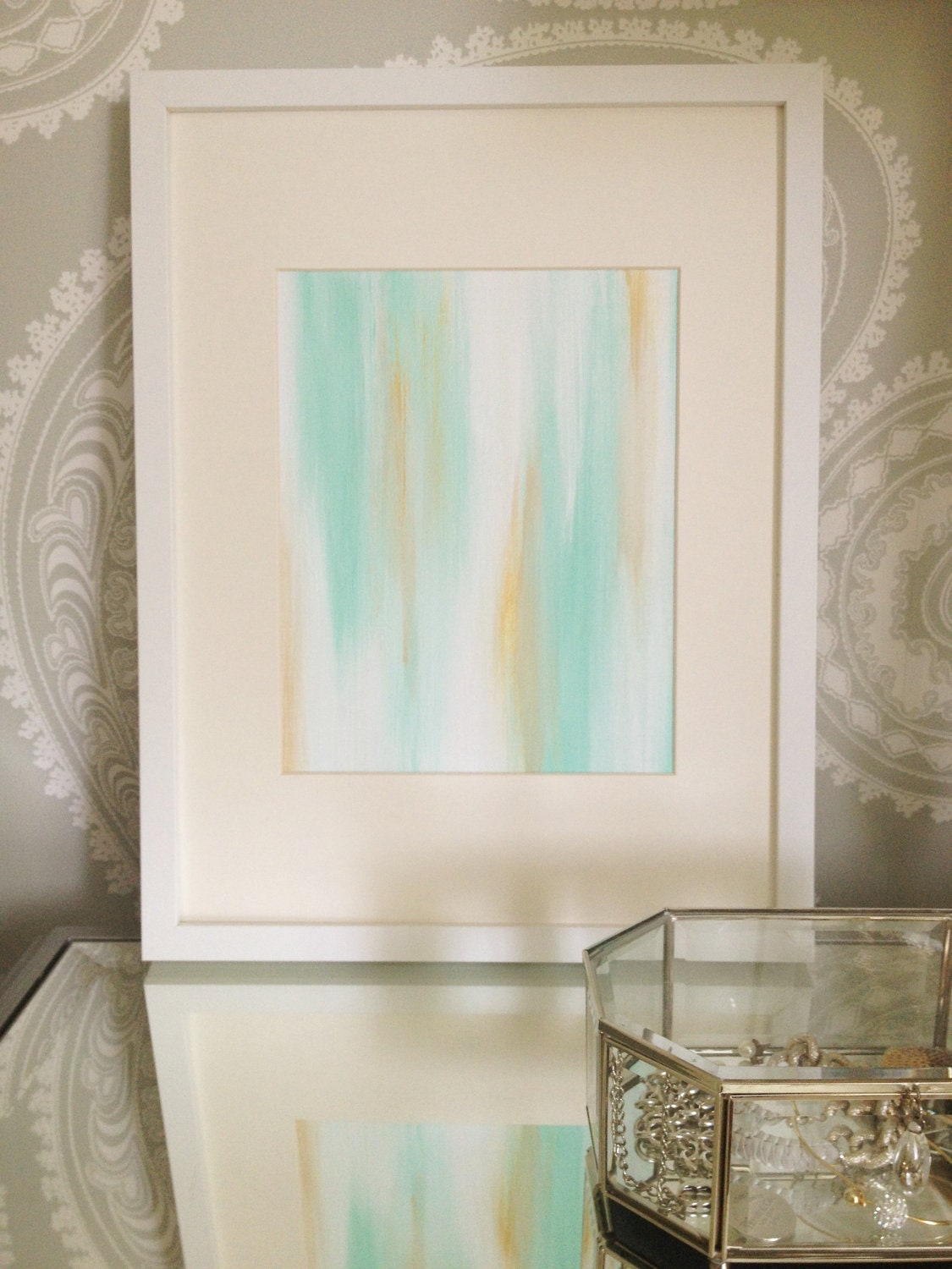 8"x10" (flat) Canvas Painting- Ikat: Mint & Gold