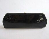 Vintage Elongated Clutch Purse // Shiny Balck Vinyl // Patent Leather Look // Classic