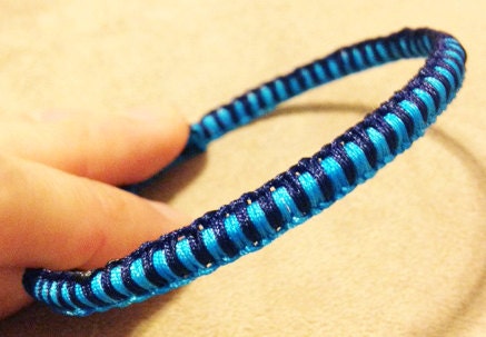 Macramé bangle - turquoise and navy blue cord over metal bangle