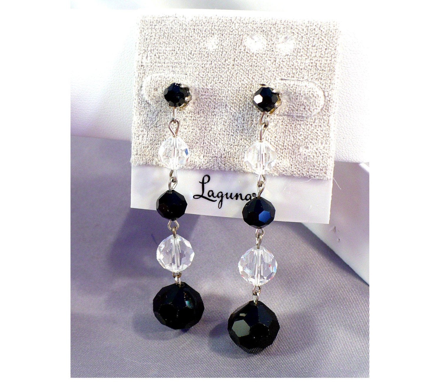 1970s LAGUNA Black & Clear Crystal Earrings, Long Pierced Drops "New Old Stock"