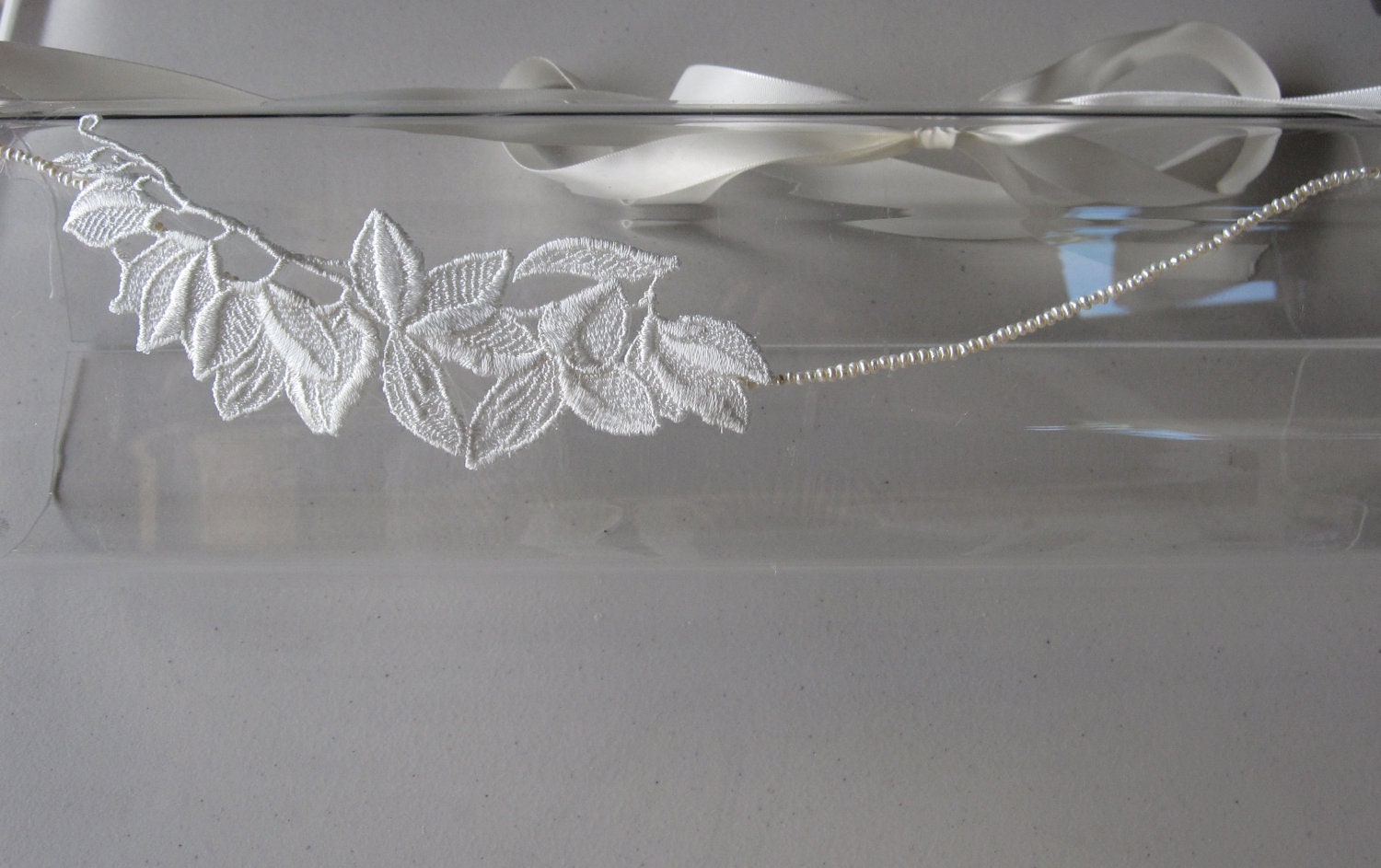 White Lace Leaves Ivory Pearl Halo Headband with Ivory Satin Ribbon Ties, for Bridal, weddings, parties, special occasions