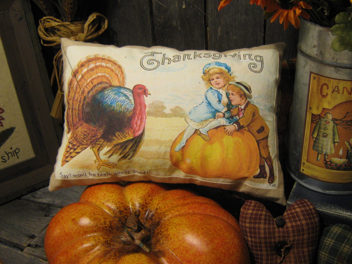 Primitive ThanksGiving Turkey Pillow " ThanksGiving " Fall / Halloween Holiday Tuck / Ornie