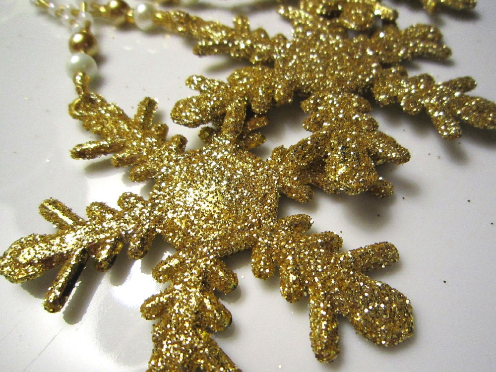Set of 3 Christmas Ornaments:  Gold Sparkle Snowflake with Beaded Hangers