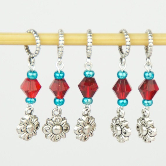 flower stitch markers knitting crochet cute flowers red aqua knit marker turquiose silver knitter green no snag knit gifts for knitter