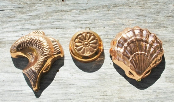 3 Copper Molds made in Korea Floral Fish and Shell Nautical Decorative Vintage Reuse Repurpose Instant Collection