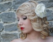 Bridal Birdcage Veil, Bandeau Style Birdcage Veil with Silk Flower Hair Clip, Bandeau Veil, Ivory or White - Scarlett  MADE TO ORDER