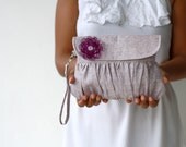 Rhapsody Purple Linen Clutch Pleated Purse with Purple beaded flower
