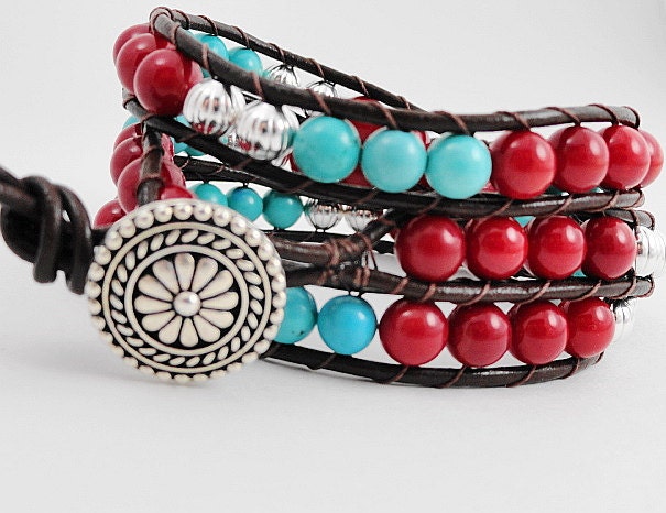 Turquoise Beaded Leather Wrap Bracelet - Southwestern western jewelry - turquoise red and silver - triple wrap