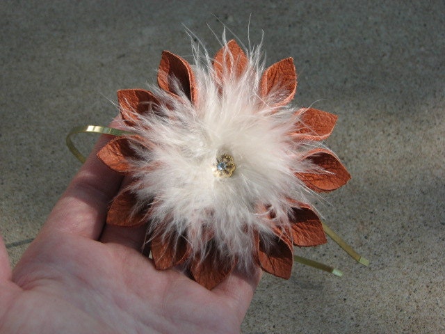 Orange Leather Flower Headband with Turkey Fluff Feathers and Gold Filigree Accent piece with Rhinestone - TouchOfAWeepingAngel
