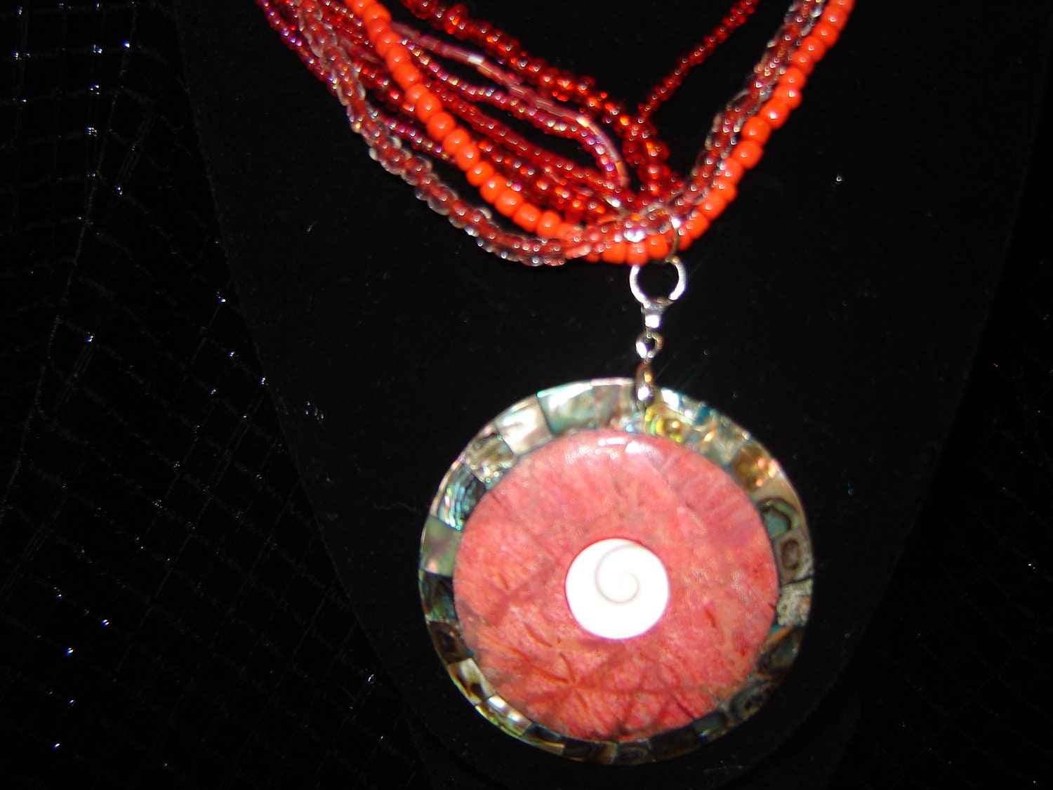 Abalone, coral, and shiva shell necklace