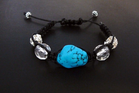 Turquoise, Crystal and Rhinestone Shamballa Bracelet, Imitation Turquoise Nugget on Black Waxed Cotton Cord