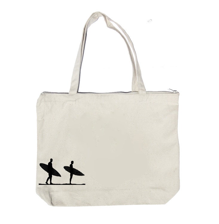 Zippered Tote Bag // Beach, Pool, School, Shopping Bag // Original 2 Surfers Design // Washable Cotton Canvas //  18" x 14" x 4"