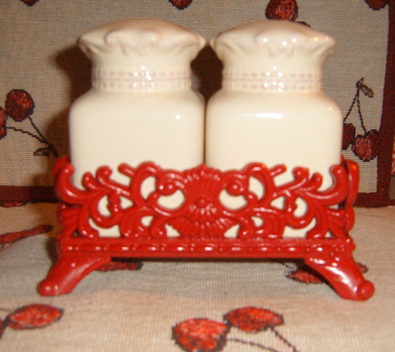 Upcycled Salt and Pepper Shaker Set, Caddy/Holder, Red Metal Caddy, Kitchen Decor