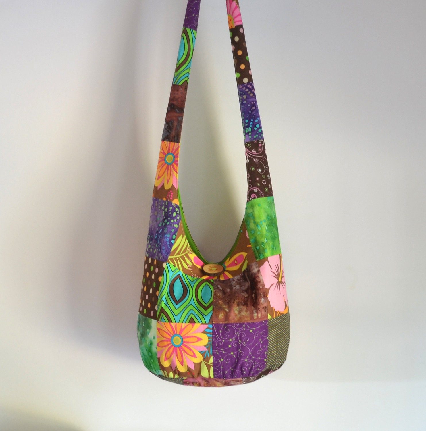 Patchwork Hobo Bag, Sling Bag, Neon, Bright, Batik, Floral, Geometric, Polka Dot, Purple, Green, Brown, Hippie Purse, Boho Bag